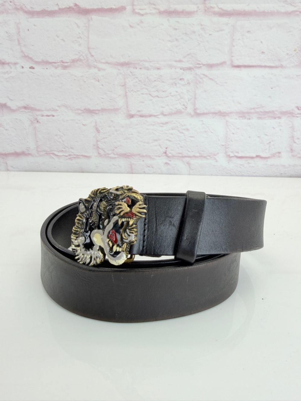 Gucci Black Leather Men’s Belt Lion Buckle 114984 100/40